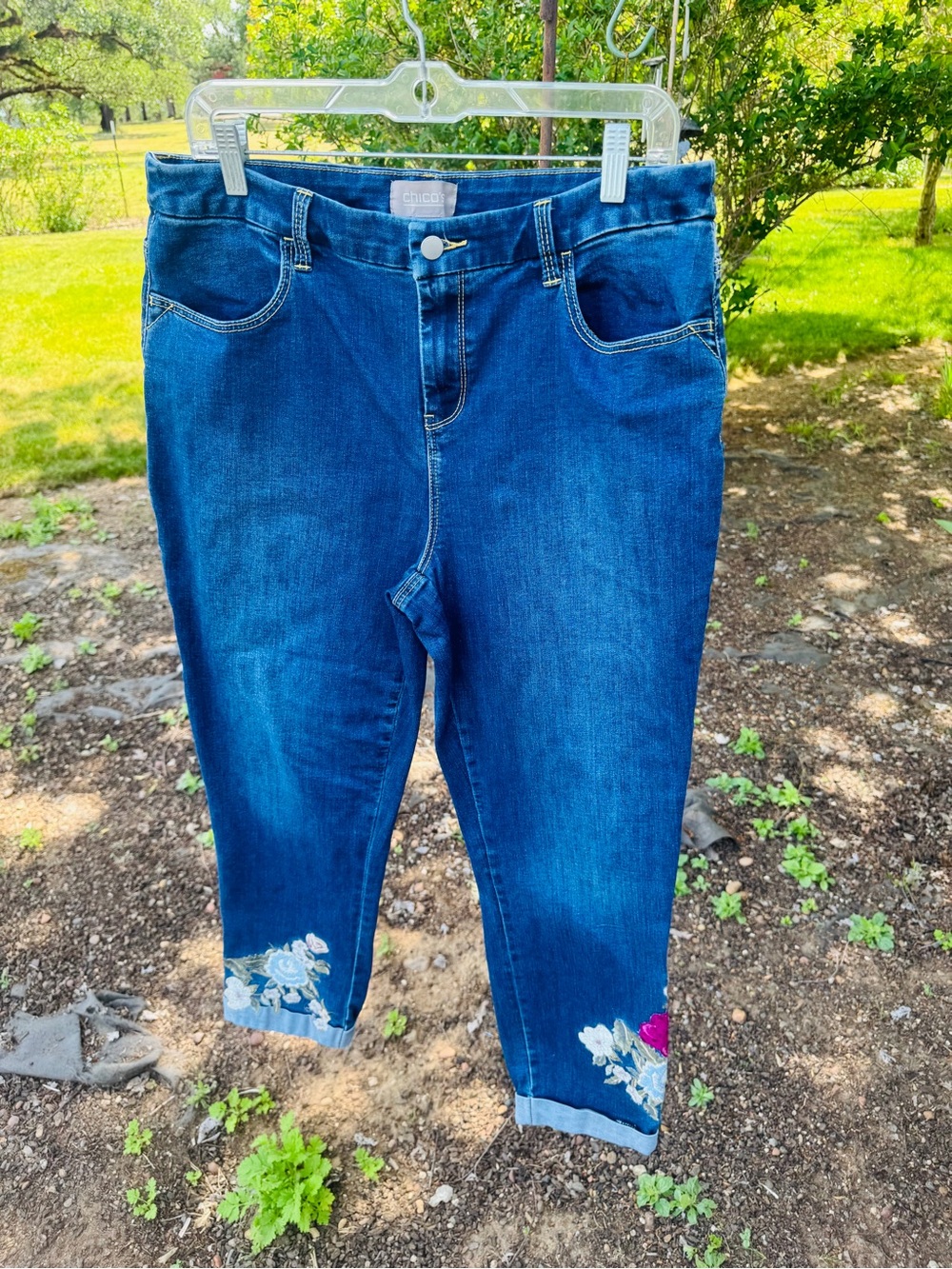 Chico's Dark Blue Cropped Jeans with Floral Hem Embroidery